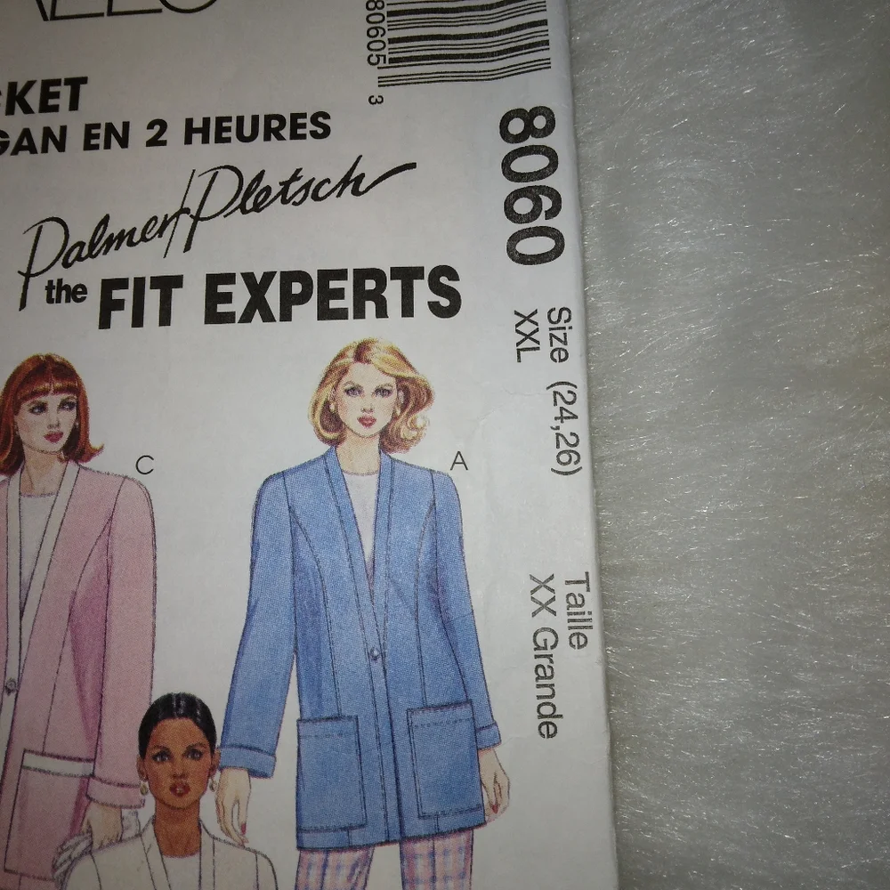 MCCALL'S 8060 Sz 24-26 Two hour Cardigan Jacket using Palmer/Pletsch fit experts